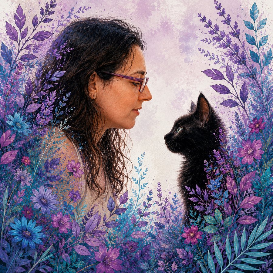 Ilustraci&oacute;n de Patiss entre flores, con Ichi